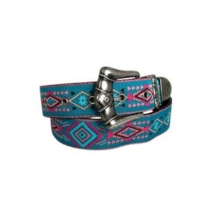 Vintage Womens Turquoise & Pink Nuovo Aztec Pattern Cowgirl Belt Juniors Size 13